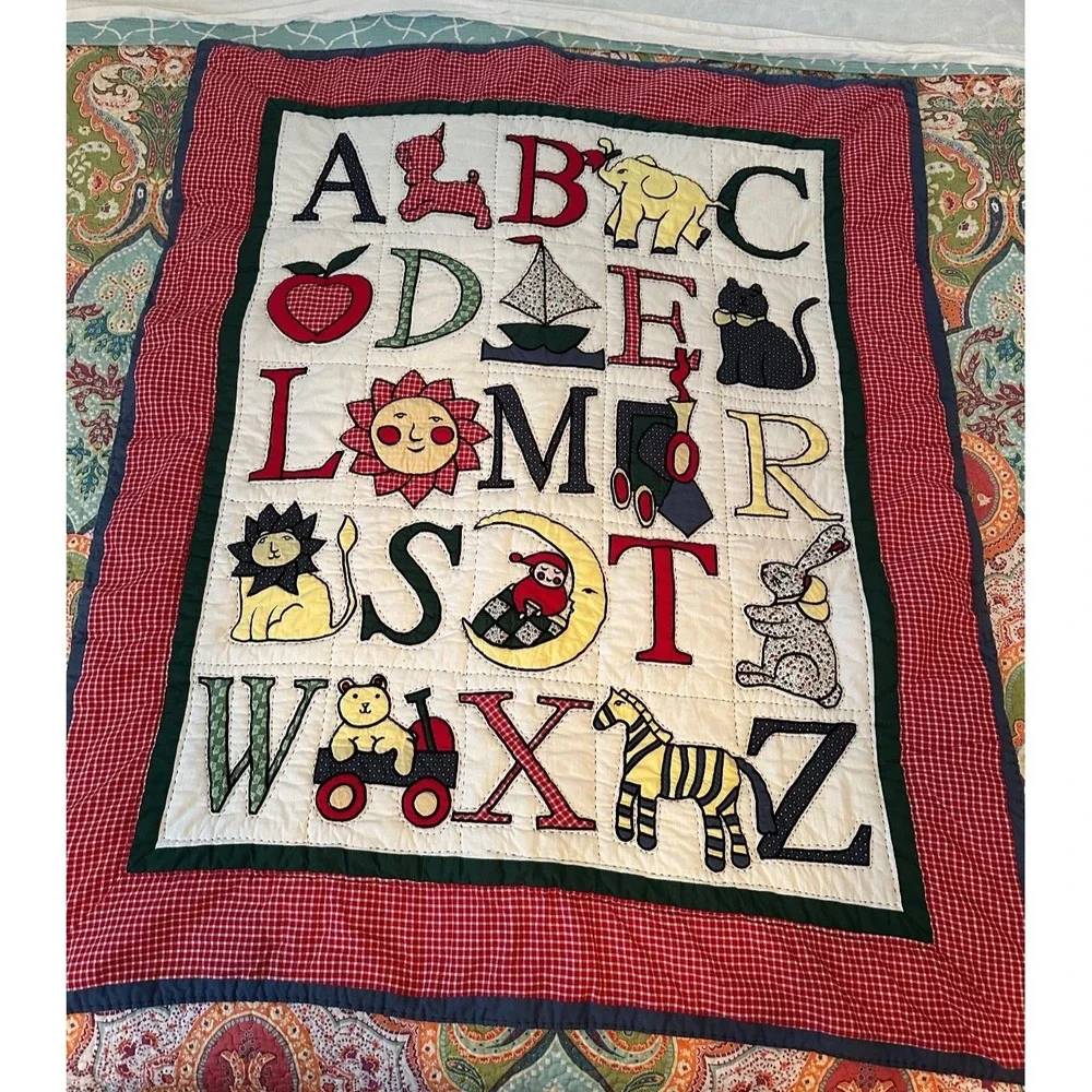 Handmade Embroidered ABC Baby Quilt 40x50 Crib Blanket Nursery Wall Hanging Vint